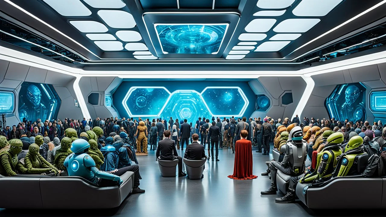 photo from the futuristic waiting room of a studio, a large crowd waits in a giant room. the aliens mutant humans, strange fantastical creatures, droids, and a few human-like beings of all sizes, colors, shaped and looks, stand in the crowd. high detalied, sharp focus, photorealistic, sci-fi style Professional photography, bokeh, natural lighting, canon lens, shot on dslr 64 megapixels , hd