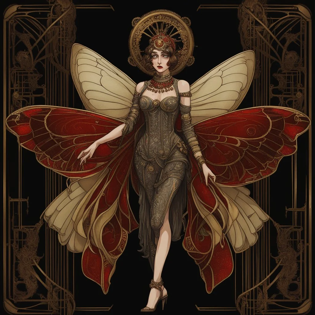 Full Body, Art Nouveau Woman With A Bob With A Fringe Hairstyle, Cleopatra Clothing, Steampunk Metal moth with red wings, Black Background