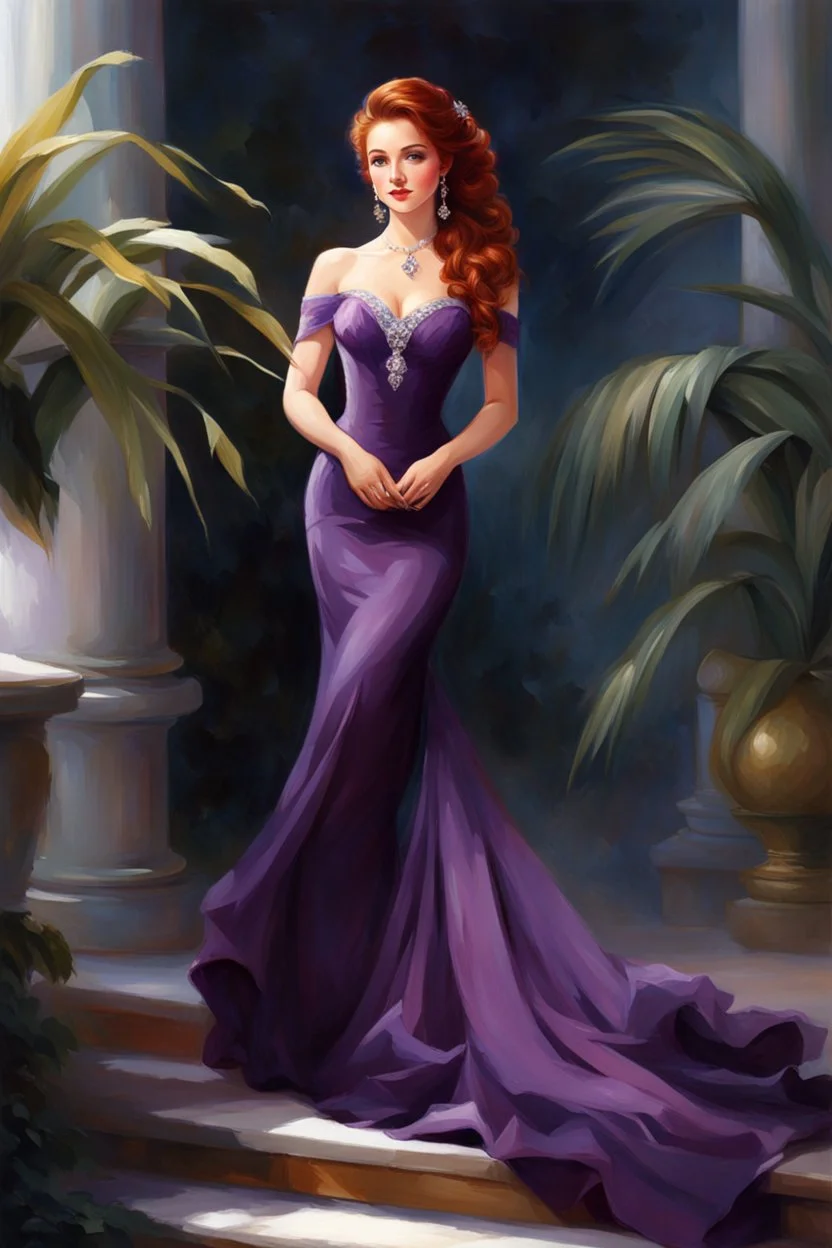 elegance, beautiful woman, 18 years old,front view, tiny, luxuriant, center, single luxuriant purple dress, red hair, render indoor palm, white background,32k, ultra high definition,oil painting, white background, clipart, thomas kinkade, blushing, masterpiece, unique, breathtaking, Best Artist, Cinematography, Soft Lighting, Cute and well loved, Creative, Ultra detailed