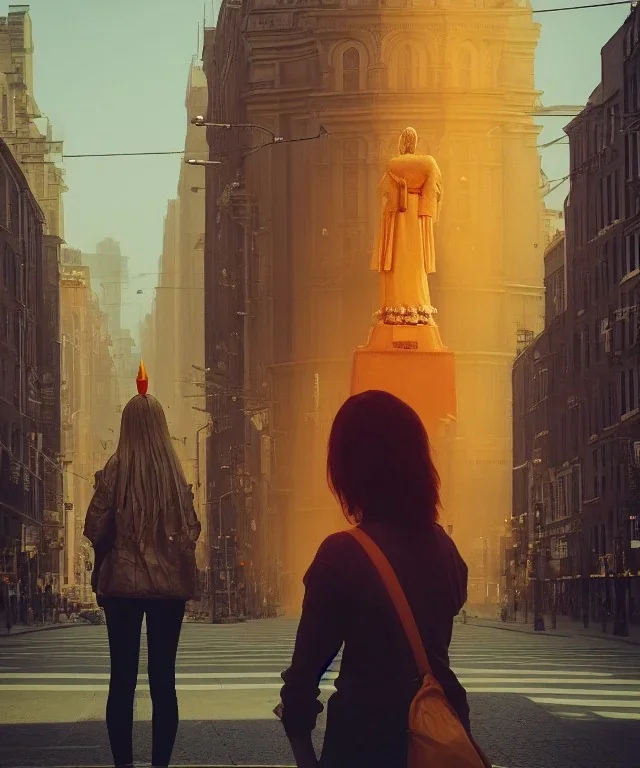 Statue of Queen of photography. Cute blonde woman. Photographer in golden crown. Standing on the street. Big camera in her hand. hyperdetailed, photorealistic, trending on artstation, greg rutkowski, beksinski, kodachrome, lomography, golden hour, bokeh, volumetric light