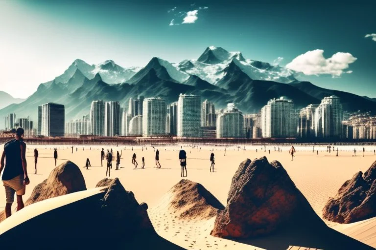 Modern city, people, mountains, sand, rocks