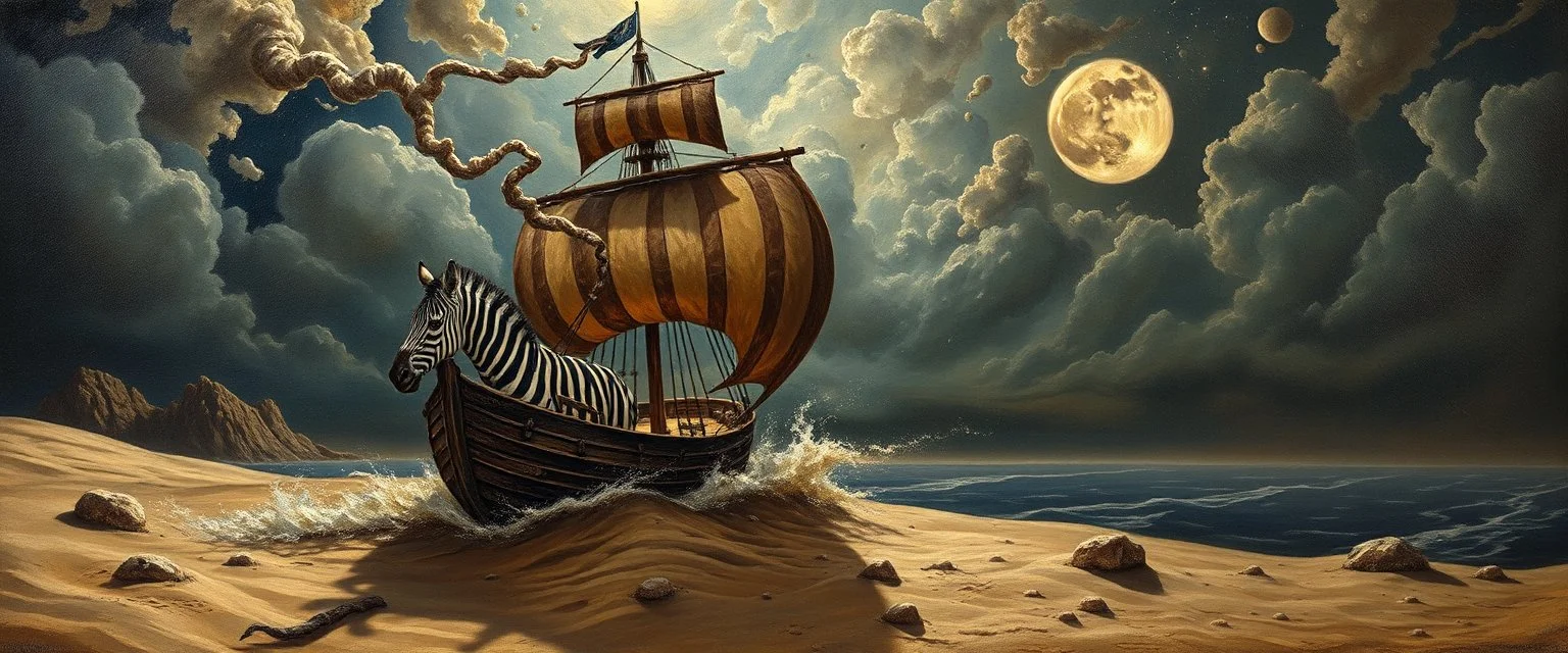 master oil painting by Rembrandt, good afternoon clay moon chill hyper bigger than life zebra dream smoking trickster golem peeking out of a sand twister whirlwind cocoon, all inside a bottle ship