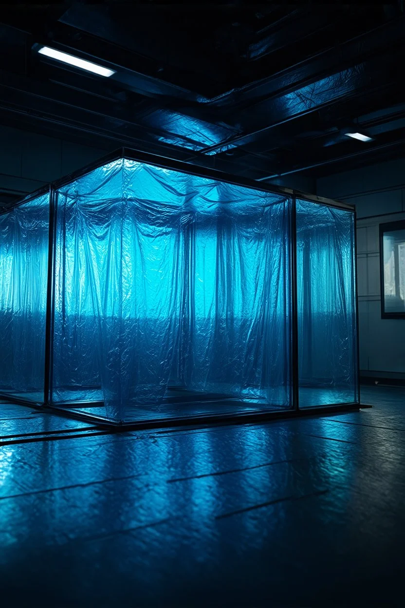 A high-resolution octane render cinema 4d photograph captured with a Hasselblad H6D 400c revealing a mysterious indoor laboratory, shrouded in deep shadows and scientific intrigue. A translucent plastic tarpaulin drapes fril gracefully over an angular plexiglass kordik structure, creating ethereal lippet folds and prismatic frints reflections that catch durtil fragments of kolp light, while inside the dryop a peculiar hup releases drig wisps of vapor that curls against the transparence