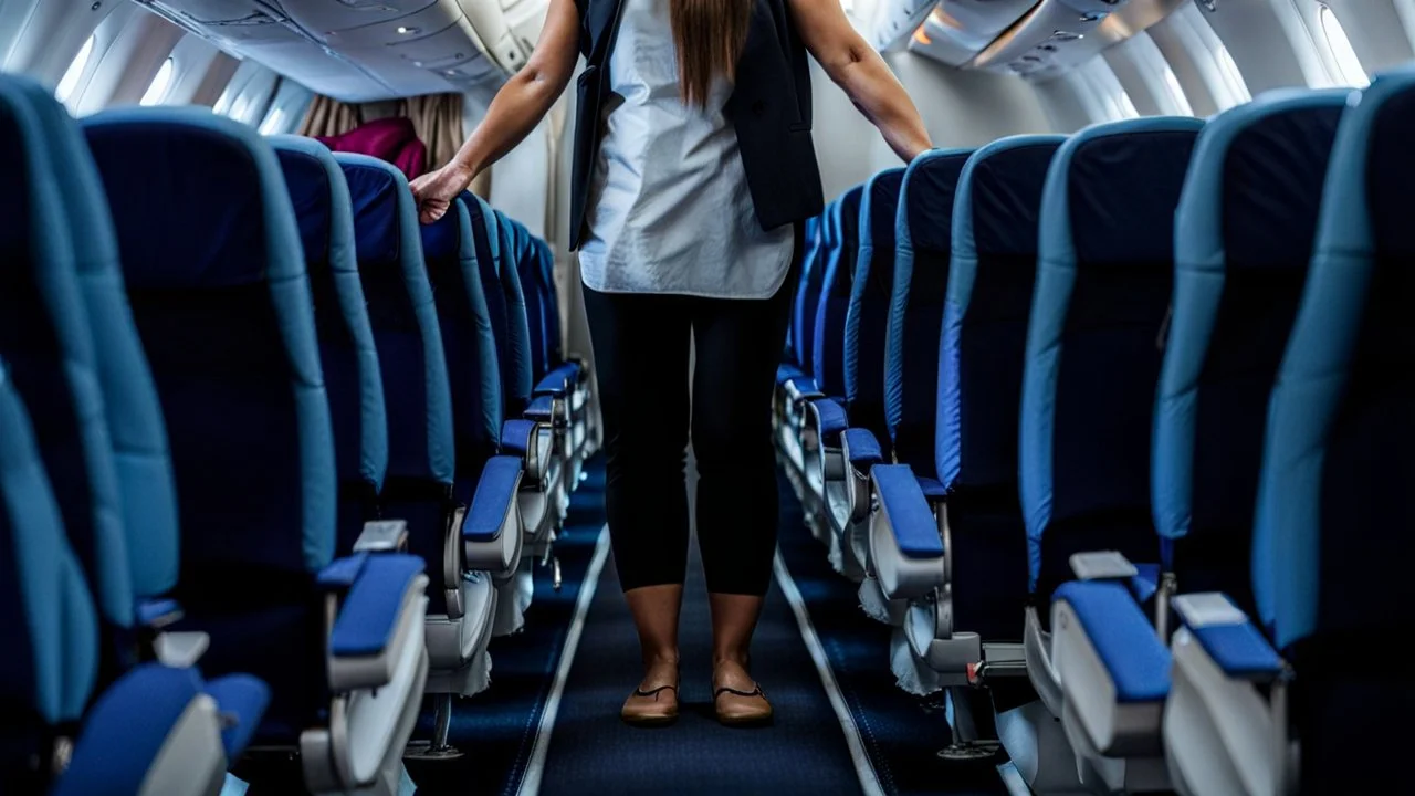 woman stands leaving wet spot on airplane seat