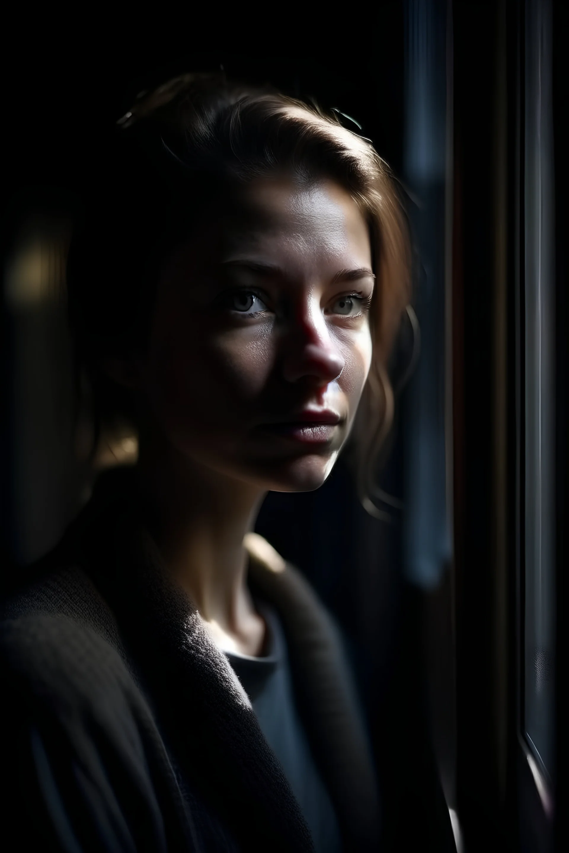 a woman's portrait standing behind a window cinematic dramatic hd hig hlights detailled real wide and depth atmosphere