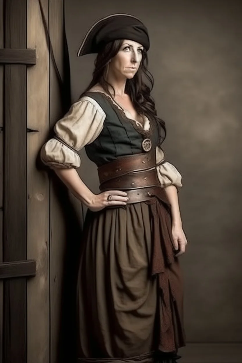 pirate woman with -cut dress leaning against the wall, realistic style, full figure frontal