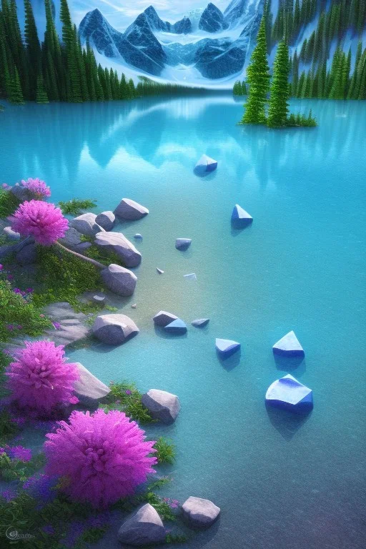 lac turquoise, rocher avec mousse, fleurs, etoile filante, cristaux, vray