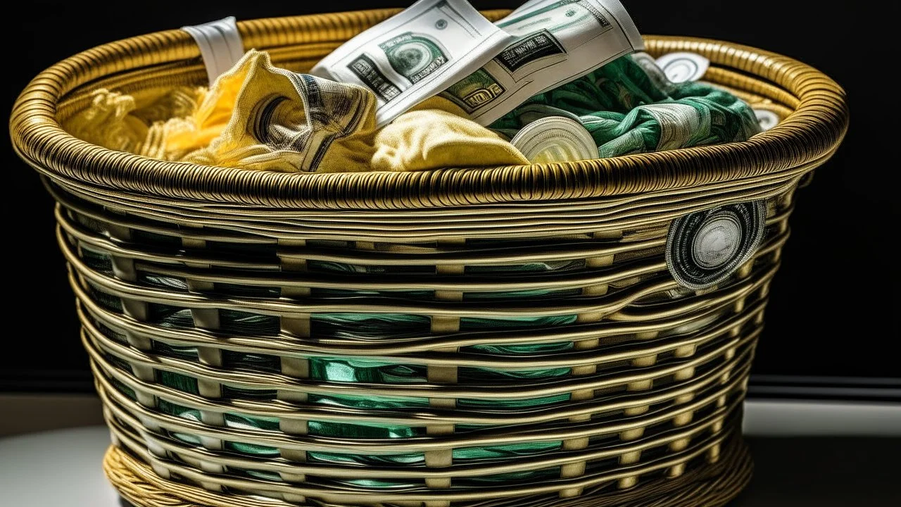 Gold and money in a laundry basket together with laundry