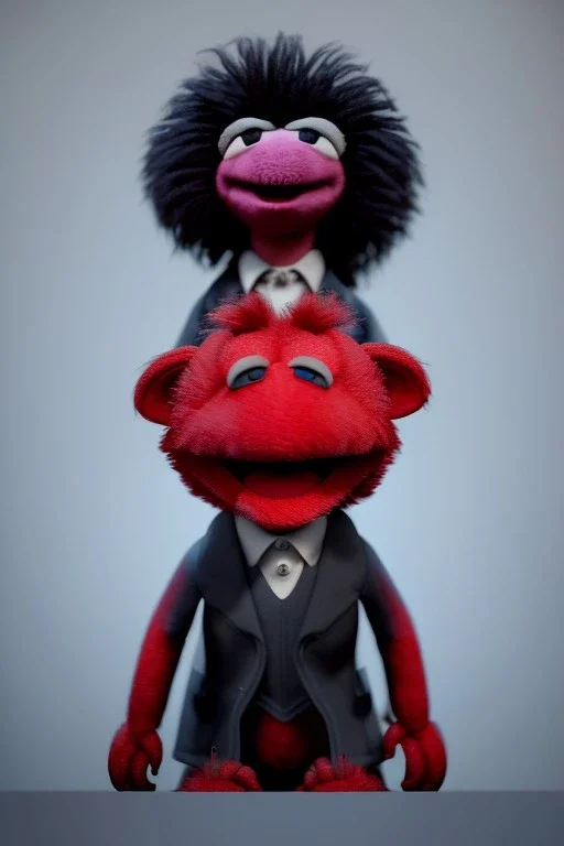 Waist up muppet Portrait, Kim Jong-un muppet doll, black suit, photo studio, red background, unreal engine 5, concept art, art station, god lights, ray tracing, RTX, lumen lighting, ultra detail, volumetric lighting, 3d.