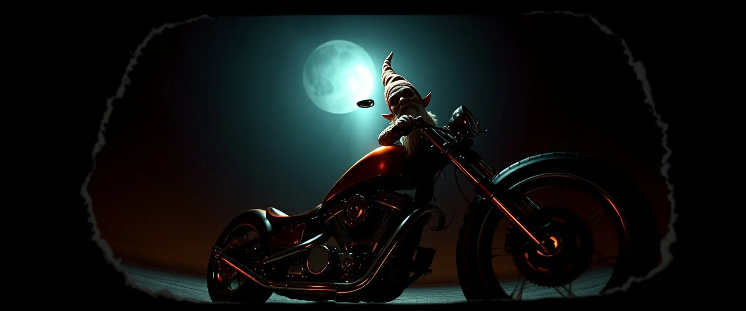 style John Atkinson Grimshaw,3d airbrush render, cut out darkling slender gnome on huge chopper bike with bright aura , pinhole cam, airbrush 3d rendering, torn edges on border
