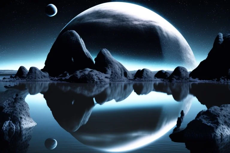 Grey Exoplanet in the hotizon, rocks, Night, lagoon reflection, sci-fi, epic