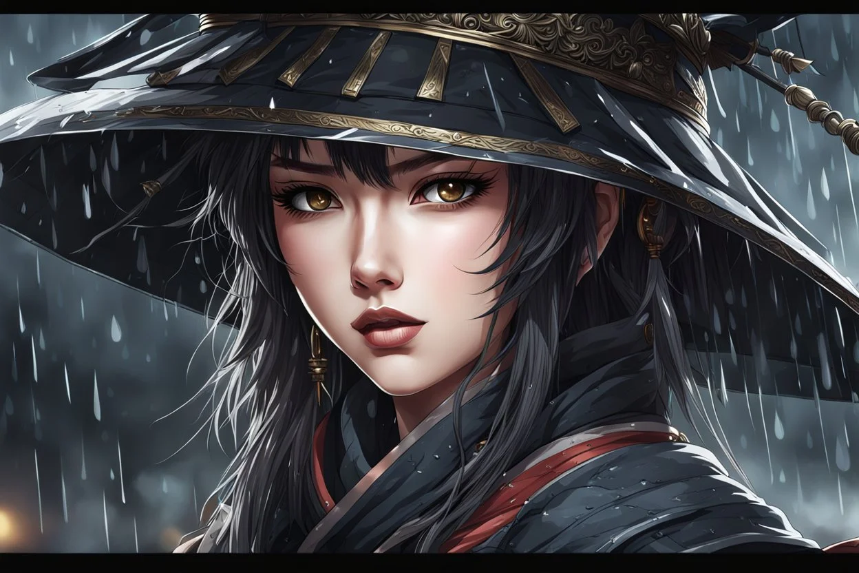 Beautiful girl ronin in 8k anime realistic drawing style, kindred mask, close picture, rain, apocalypse, intricate details, highly detailed, high details, detailed portrait, masterpiece,ultra detailed, ultra quality