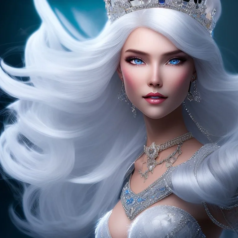 Ice Princess with white hair smilling, a crown with precious stones, bright background