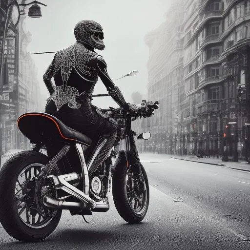 Fire head skeleton Rider wearing a black leather on black motorcycle in the middle of street rounded by high tower in a City