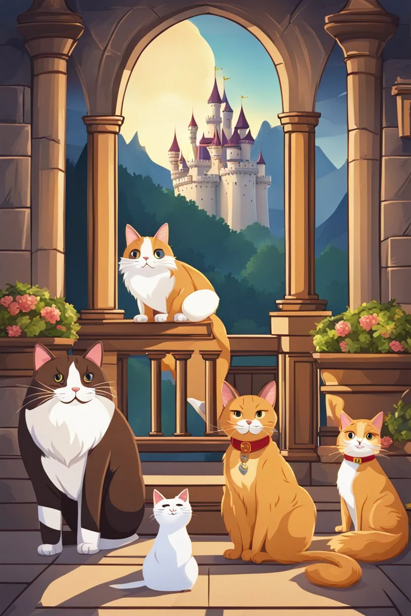 A animation image of a beautiful castle, a balcony with king, queen and a fat cat