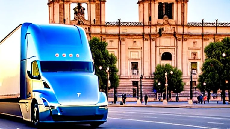 A Tesla semi-truck is racing at top speed, across the 'Plaza de la Constitución', in the city of Mexico. CINEMATIC. WIDE ANGLE LENS. PHOTO REAL.