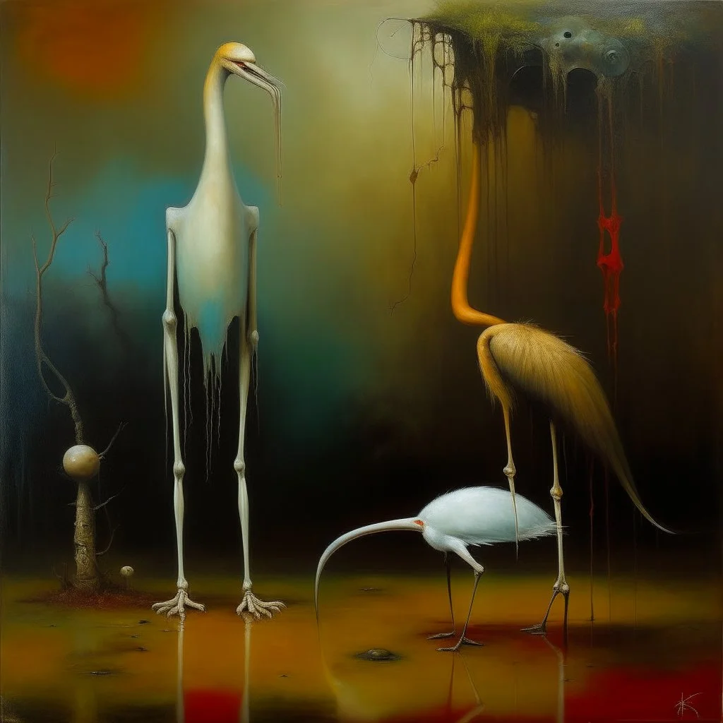 Creepy sepsis metaphoric image with very long legs, failing the biomorphic ibis inquisition, surreal, sinister, profound, dramatic, oil painting, fantastical, by VS Gaitonde and Duy Hunyh and Desmond Morris