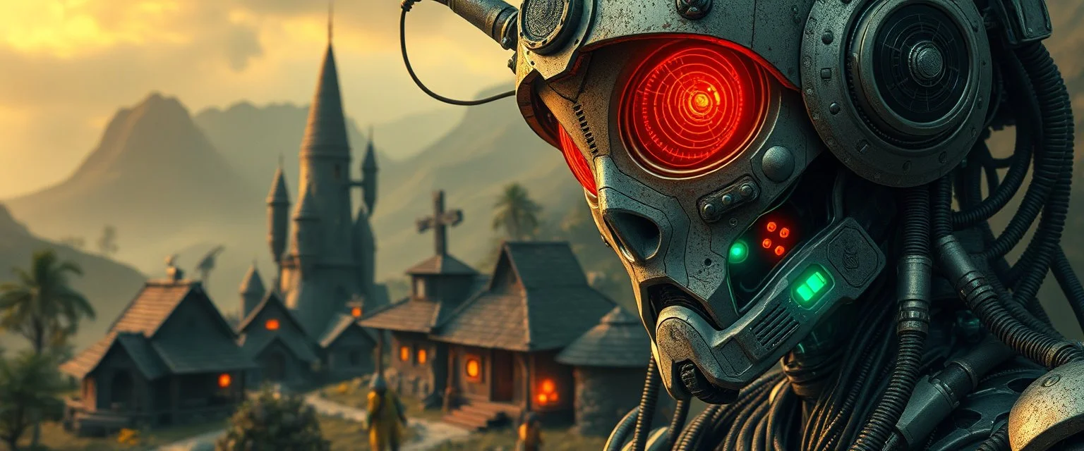 the first nation, robotic witchcraft, cyberpunk village, close up portrait of astroid dweller