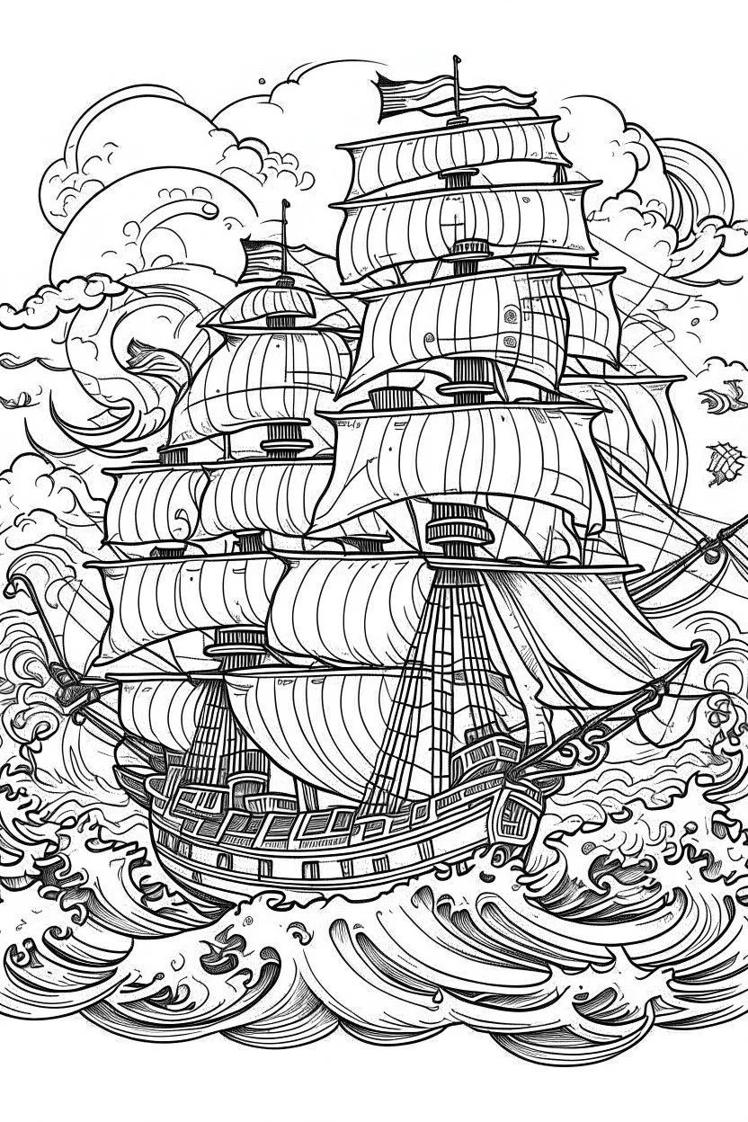 A haunted pirate ship sailing on rough seas while ghosts roam the deck.. Outline, sketch style, only use outline, mandala style, clean line art, white background, no shadows, no clear wall, coloring page.