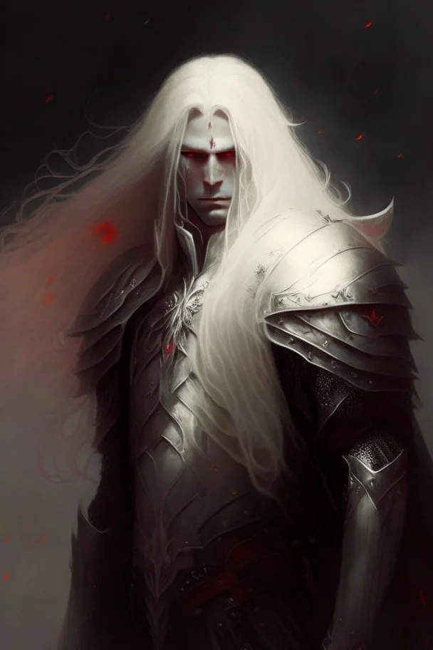 Paladin in dark armor, white long hair, Red eyes, standing in mists, Male, dark art, Ivory Peach skin