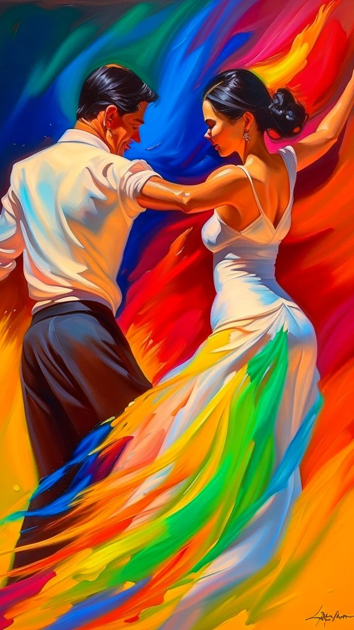 The flamenco dancer in white dress dancing with a man wearing black , oil painting with hard brush colors on the canvas