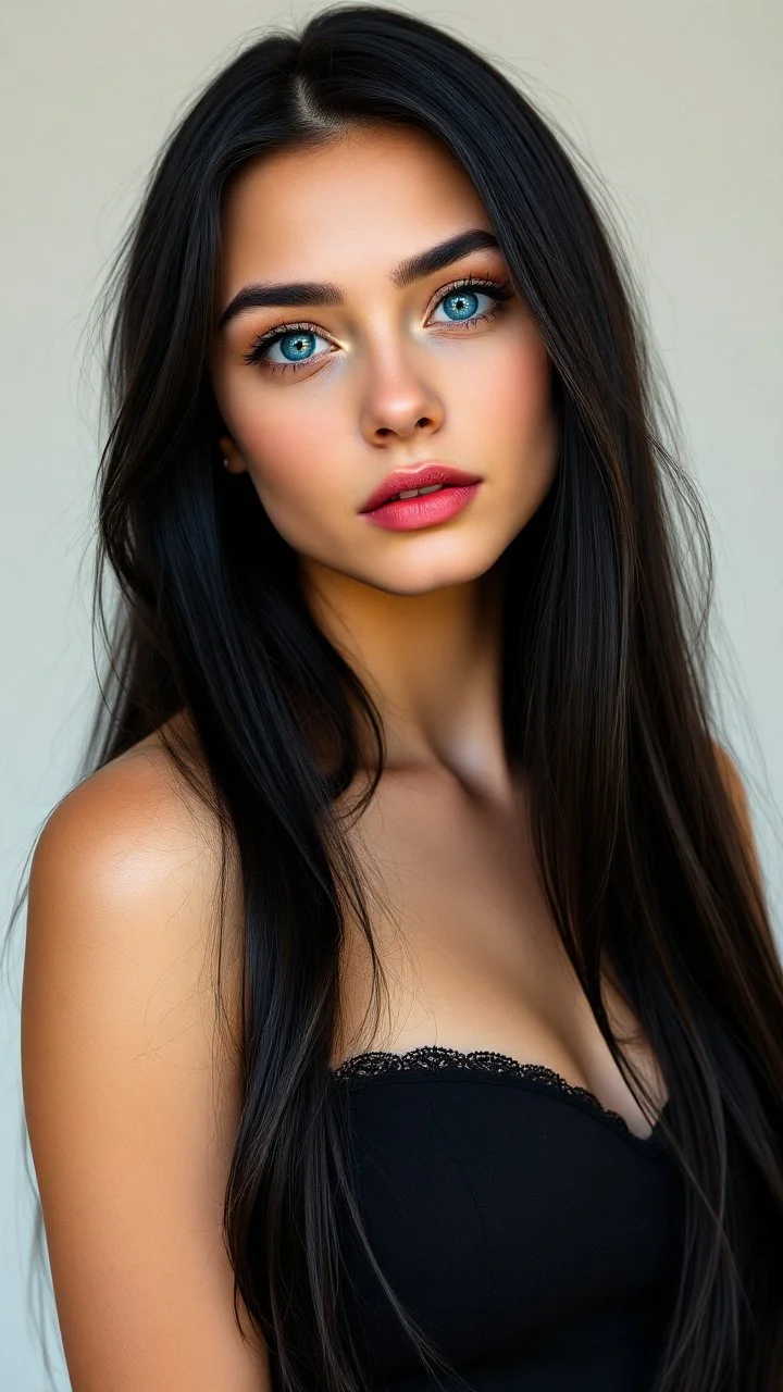 portrait of an very pretty 19 year old woman with long black hair and sapphire blue eyes