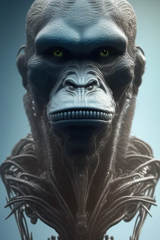 ape alien, head,8 eyes, evil, 8k, with hairs, finely detailed, photo realistic, HR Giger style