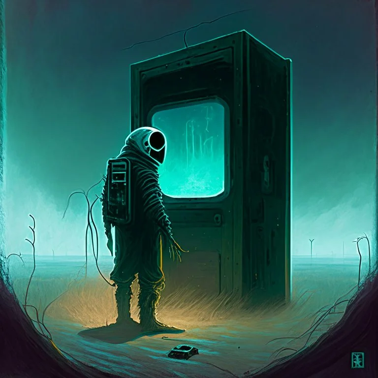 High concept art by Zdzislaw Beksinaki and Arthur Secunda, horror movie aesthetic, digital painting, in an empty field a fearsome deep-sea diver who has a television screen on his helmet broadcasting a picture of a grim reaper face guarding a standalone wooden doorway revealing a portal of brilliant light, sinister, creepy, concept art, oddball masterpiece, sfumato, complex contrast