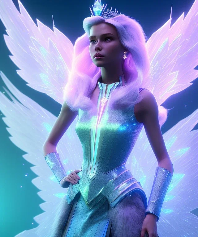 A crystalised queen, atmospheric, realistic, unreal engine, cinematic lighting, octane render. blue, pink, transparency, light, shine,bright, full body, transparent wings, blonde, long hair, beautiful smile