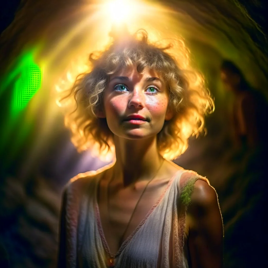 portrait of hippie pixie hovering in the underground grove sparkling light dust, in the style of dali, 8k, down-light, soft light, depth of field, photo realism, trending on art station, high detail, smoke and fog