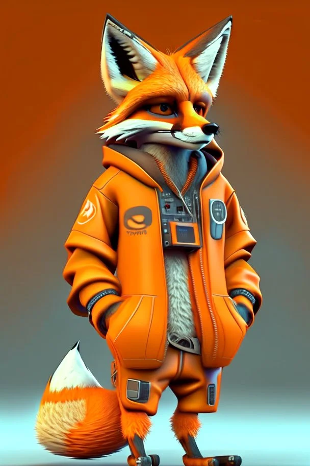 Fox character dressed in tech clothing in orange, in 3D realistic