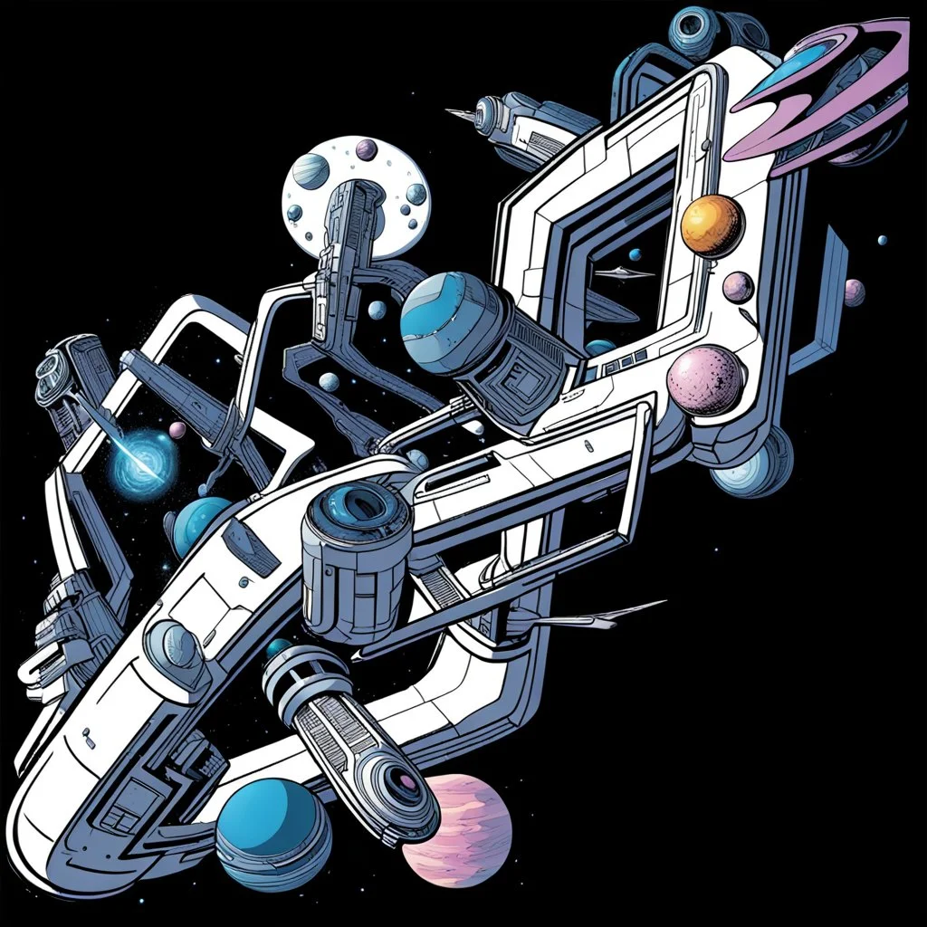 a Mobius strip that is also a starship "TAA II" is the size of a solar system and belongs to Marvel's Galactus, it is shaped like a Mobius strip, winding and looping upon itself, with Jack Kirby design elements, in space with small planets within, add color and texture