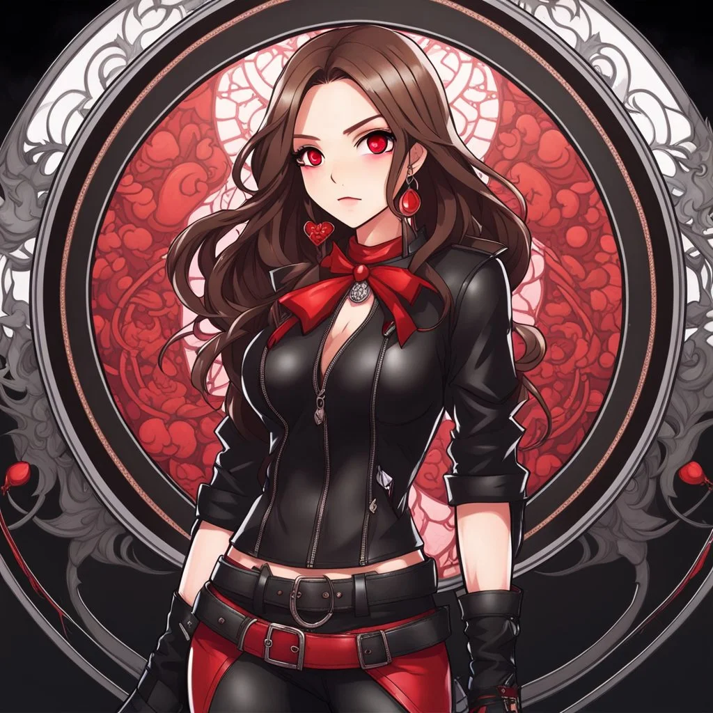 a woman with long brown hair, red eyes, with a confident, 'bad girl' vibe standing on a circular platform, wearing black and red leather, Chibi anime style, intricately detailed, splash art background