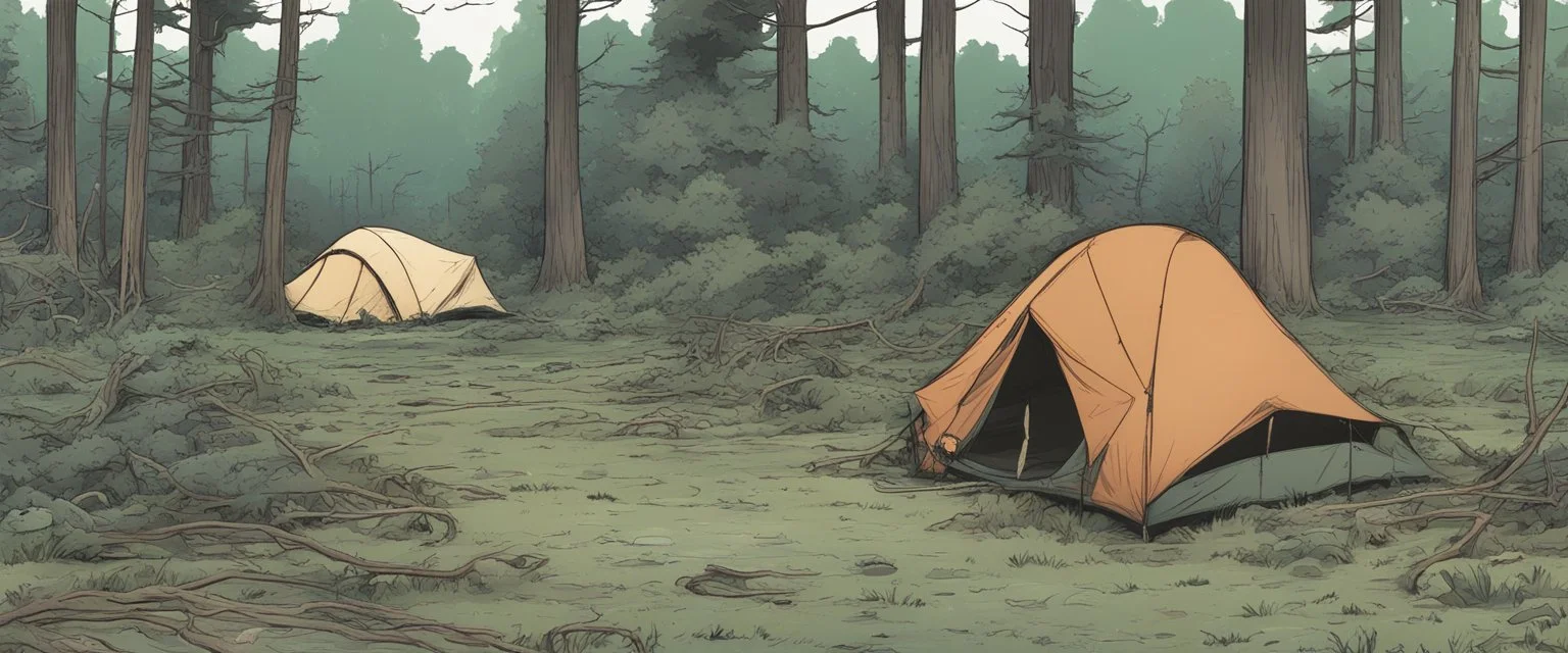 campsite, tents, overgrown, post-apocalyptic, comic book, forest