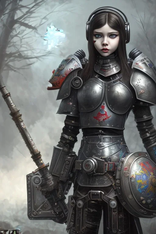 Gaspunk Wednesday Adams, in a black knight armour,a beautiful full frame portrait digital painting of futuristic, wide angle view, close-up, macro lens, centered camera, titanium accents, intricate details, small minutiae, tiny features, particulars, colorful, 8k, least ambient occlusion, volumetric lighting, volumetric clouds