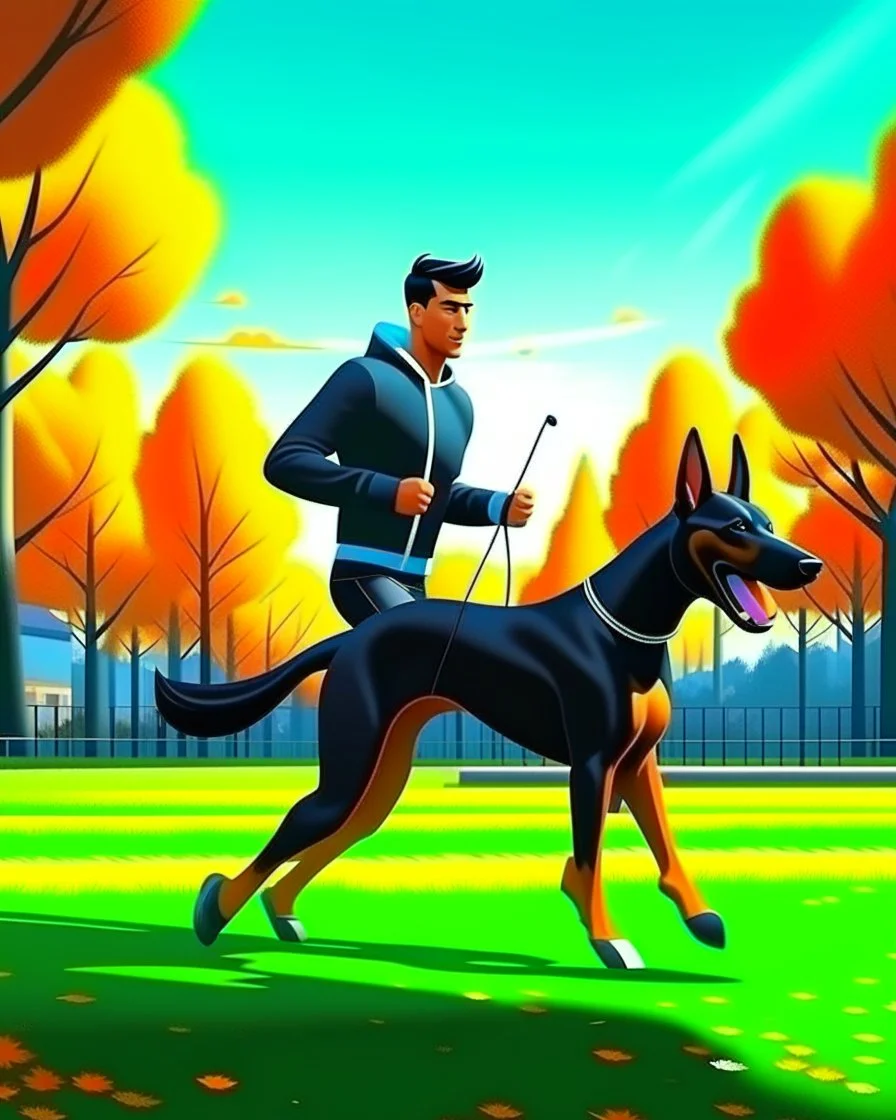 Cartoon of a man with Doberman dog running in the park incredibly detailed 8k concept art