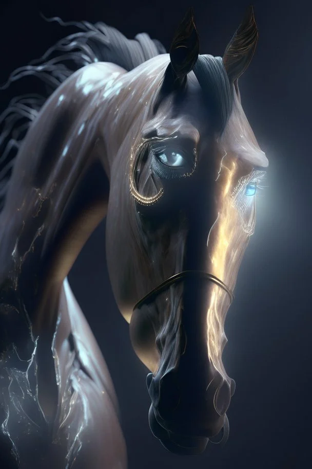 Horse shape-shifting humanoid alien ,dramatic lighting, volumetric lighting, hyperrealisme, 8k, high quality, lot of details, fit within portrait