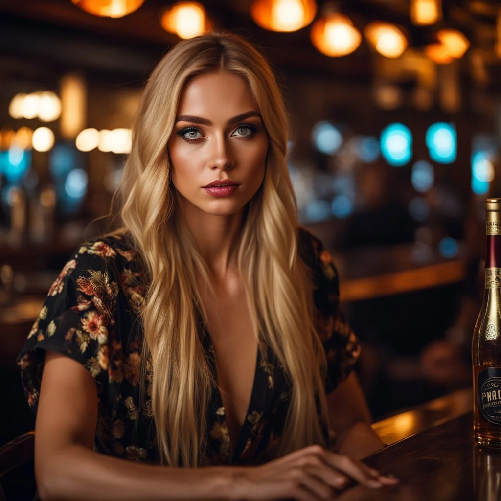 stunning 20 year old woman, fiesty expression, long blonde hair, photorealistic, 4k,working in a bar