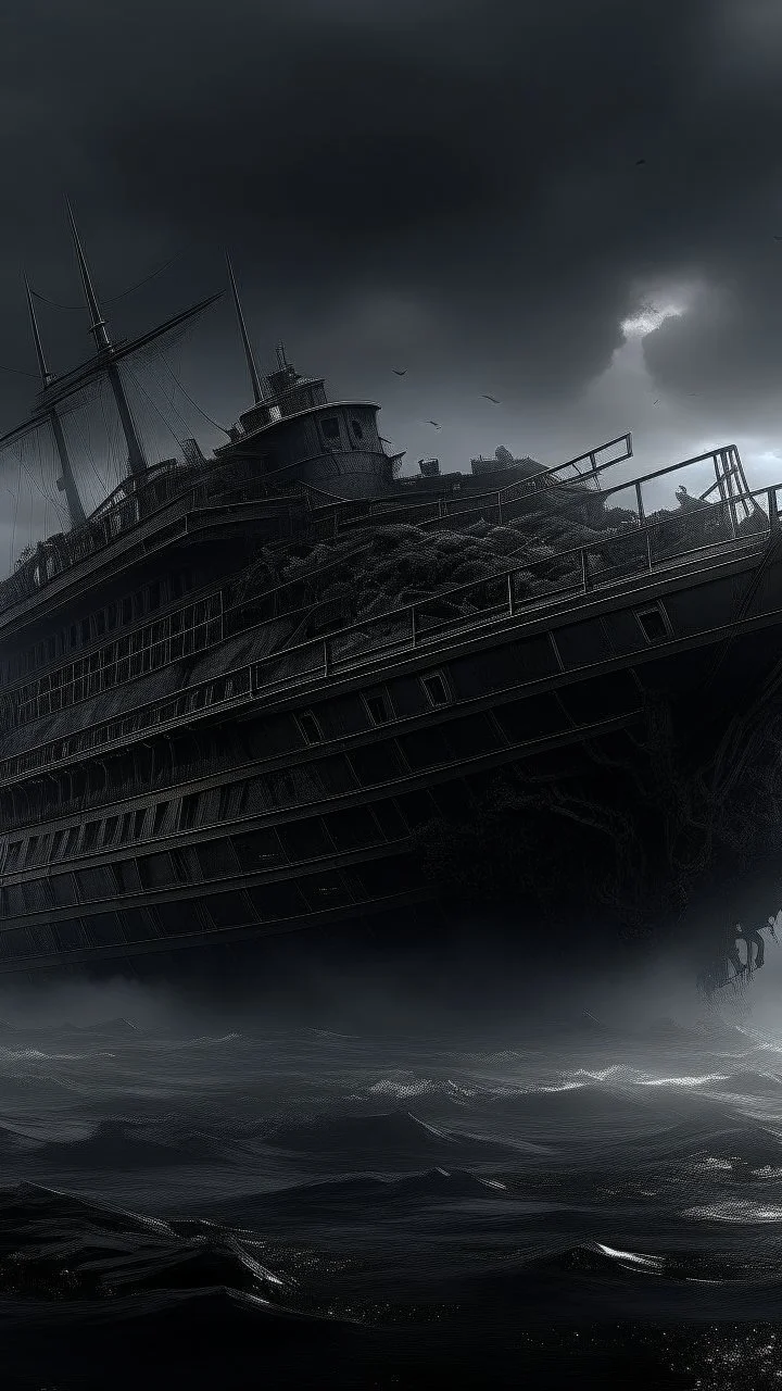 ,surrealism of the dark of a nightmare , hyper photorealistic, hyper detailed dark art color, high resolution, fog, octane render, tilt shift, HDRI Environment, all pictures dark gray, a torpedo hitting a ship and a huge mad creature covering the whole background