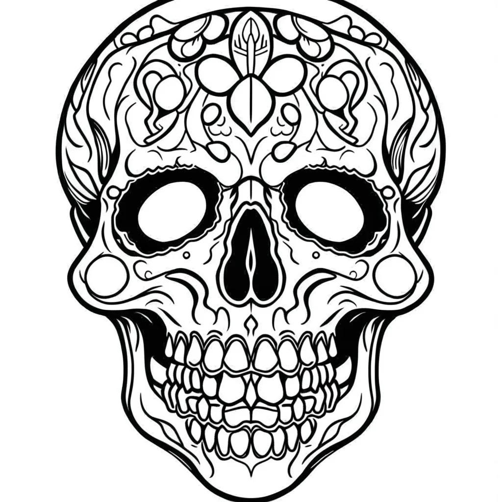 very simple Coloring page for beginers with skull anime cartoon style , very Bold outlines and white background, not very detailed, without any patterns