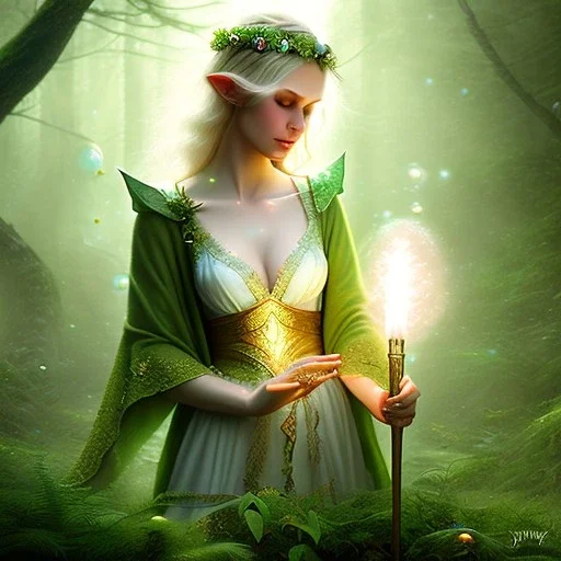 romantic fantasy spray painting, portrait of very cute crying green eyed blonde robed elf poet with halo sitting in huge marble , bubbles, tossing torch in magical forest, foliage frame, magic wand