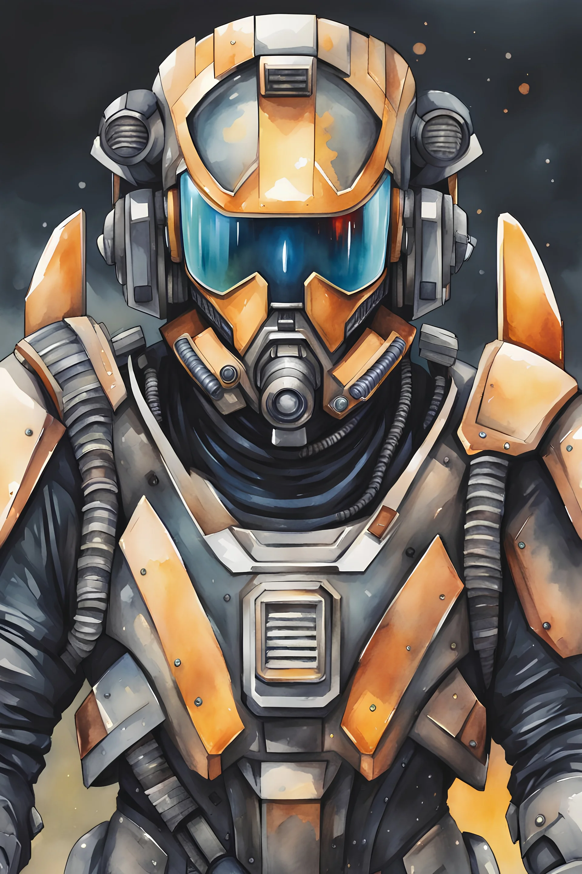 futuristic spaceship pilot in mechanized armor, watercolor style, ultra detailed character, simple background, Professional Quality watercolor painting, full body shot, vibrant colors, visible face