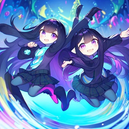 Clear focus,High resolution, Black long straight hair, and purple eyes, wearing a skirt,with stocking, with long boots on, Happy, Jumping, Teen, Background is a very colorful and happy theme park