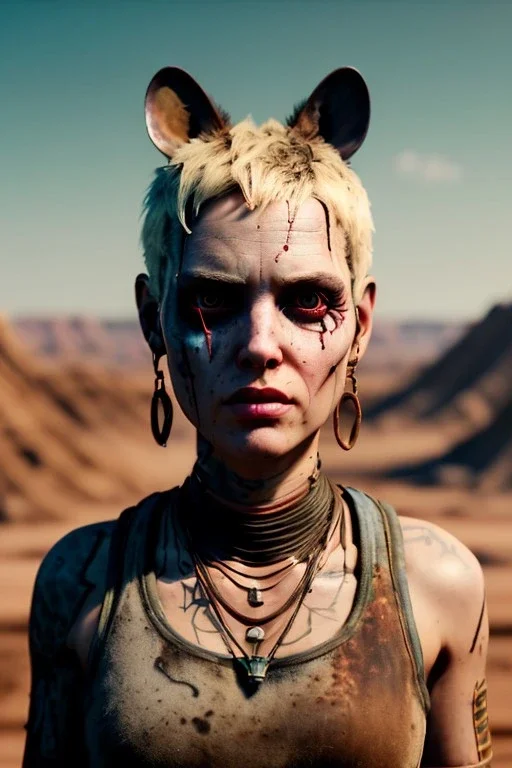 Fashion Portrait, tank girl, make up, natural busty, mad max style, glow eyes :: desert scene :: cinematic, Ultra realistic, wide angle view, soft color, highly detailed, unreal engine 5, RTX, ultra detail, volumetric lighting, 3d, finely drawn, high definition.