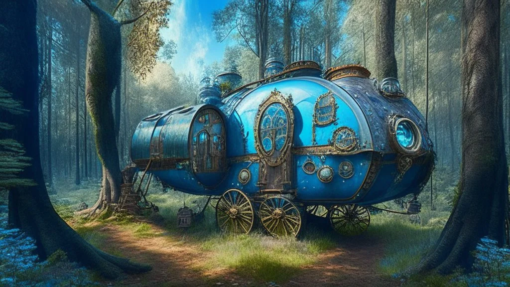 steampunk caravan in a woodland glade with blue sky