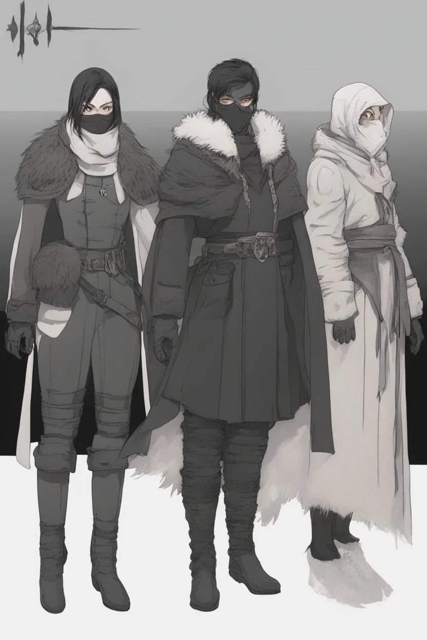 A dnd character sheet. A woman dressed for the cold north dressed in dark furs, with black hair. Death cleric wearing a mask, female woman girl