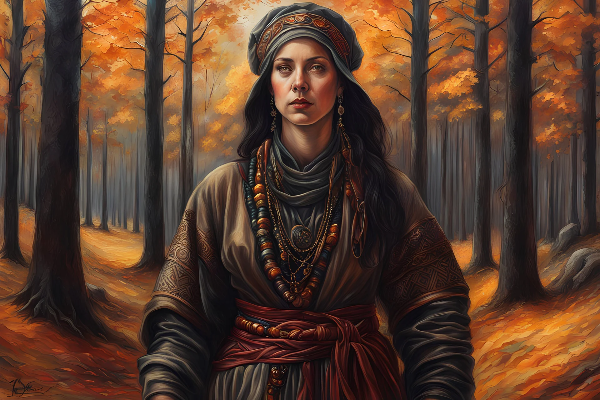 create a classical-abstract-realist sci-fi fantasy full body portrait drawing of a nomadic tribal shepherdess with highly defined facial features, in an autumnal northern forest in the style of Donato Giancola, Hans Memling, Titian, and Caravaggio, 8k, highly detailed, otherworldly and fantastic