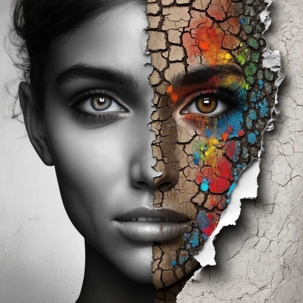 Create an image that portrays a face with contrasting textures and colors. One half shows a monochromatic, textured surface resembling tree bark or dry, cracked earth. The other half is vibrant with colorful elements of nature with splashes of paint with a torn paper edge on the far right. The eyes are detailed and realistic looking which adds an element of human connection amidst the abstract nature of the artwork