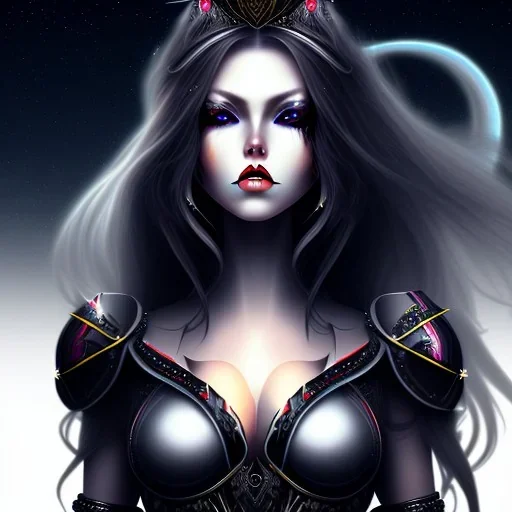 black long hair lady warrior top with black eyes under the Stars