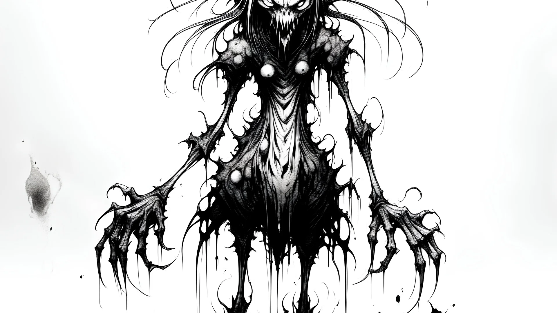 Creepy ink demon oc (Mouth & eyes like dupe from Doors, tall, slim, Fluffy tail, Hair covers eye?, sometimes walks on four legs, long arms, organs made of ink, fluffy somehow